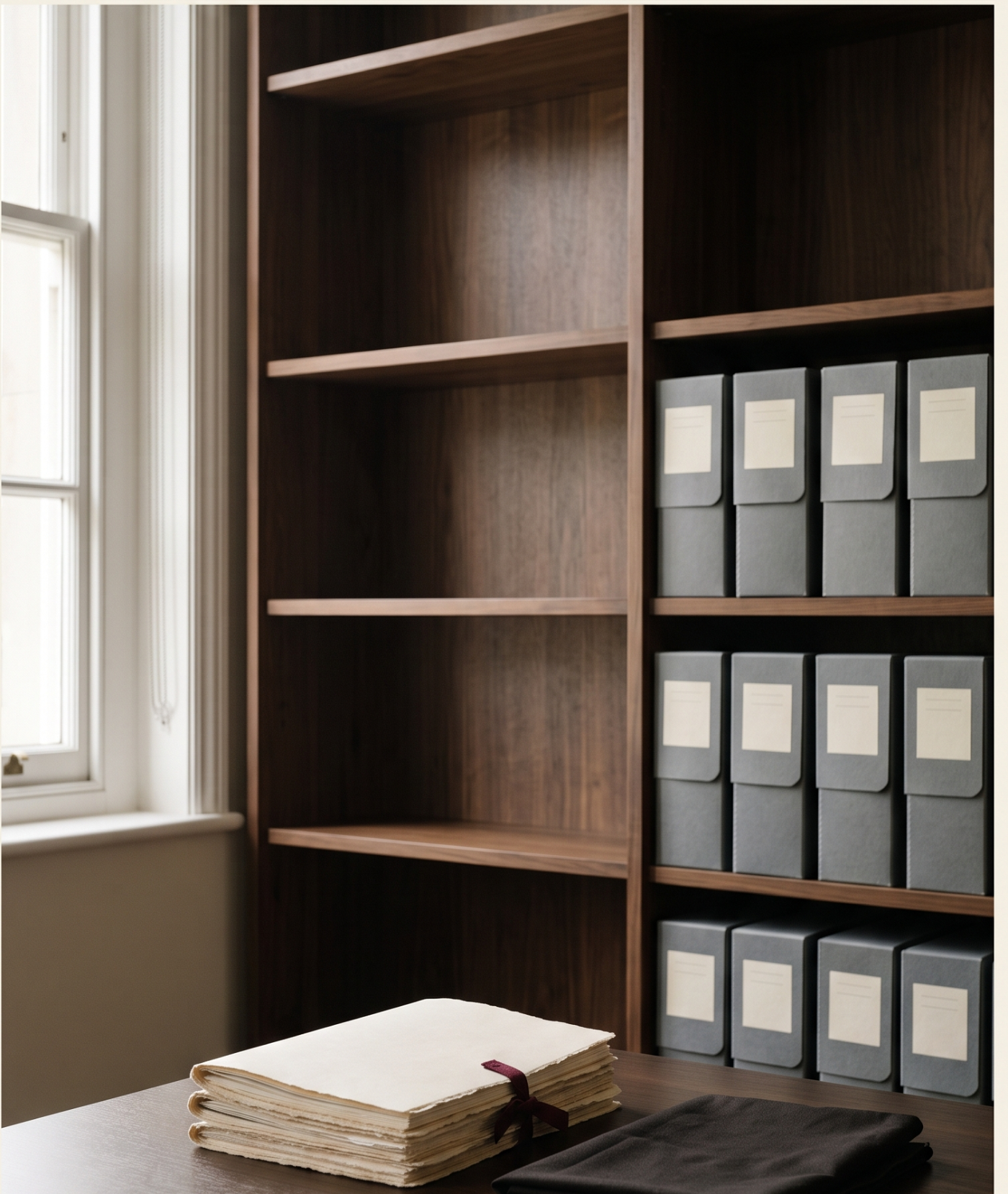 Walnut shelving with closed archive boxes and a stack of laid-paper folders in daylight.