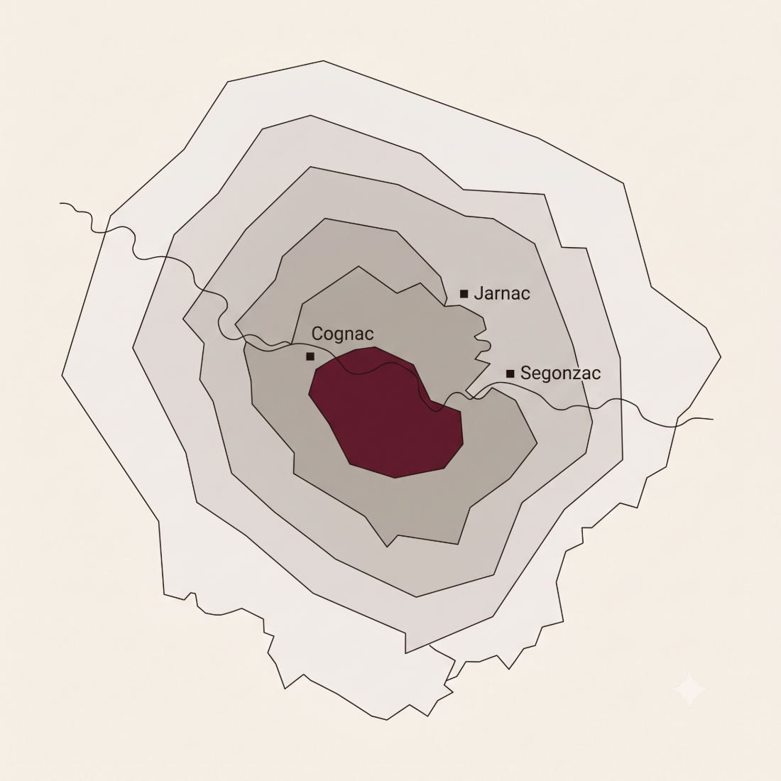 Flat map of the Cognac growing region showing nested growth areas, with Cognac, Jarnac and Segonzac marked.