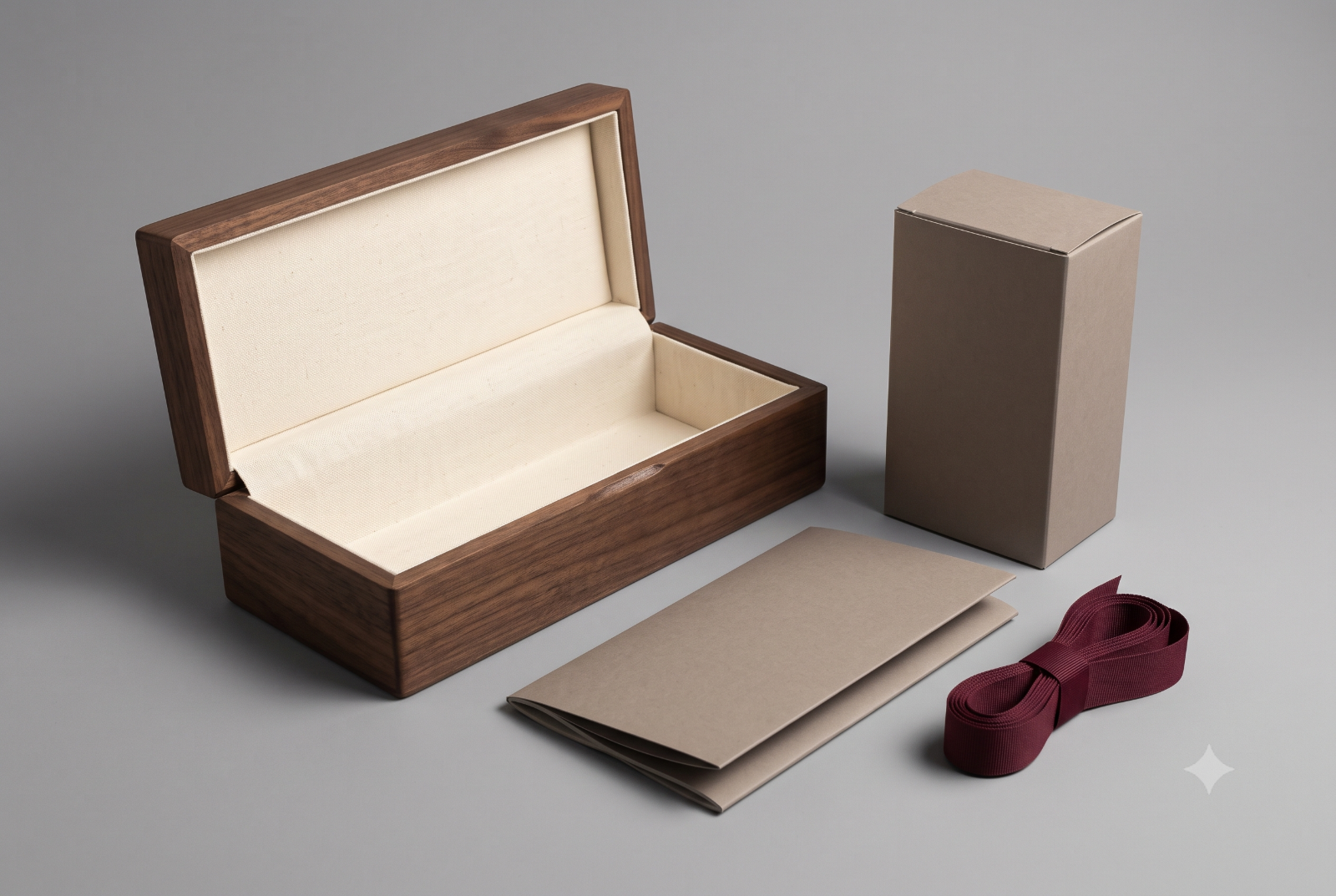 An empty walnut presentation box lined with cream cloth, a plain card carton, a folded booklet and a burgundy ribbon on a grey studio background.